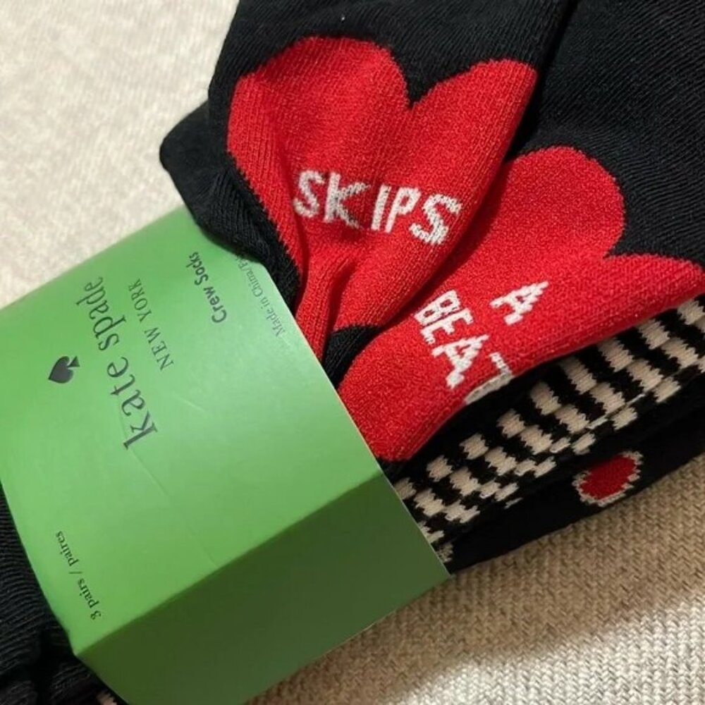 Kate Spade New York 3 pair Crew Socks Big Heart, Stripes & Hearts